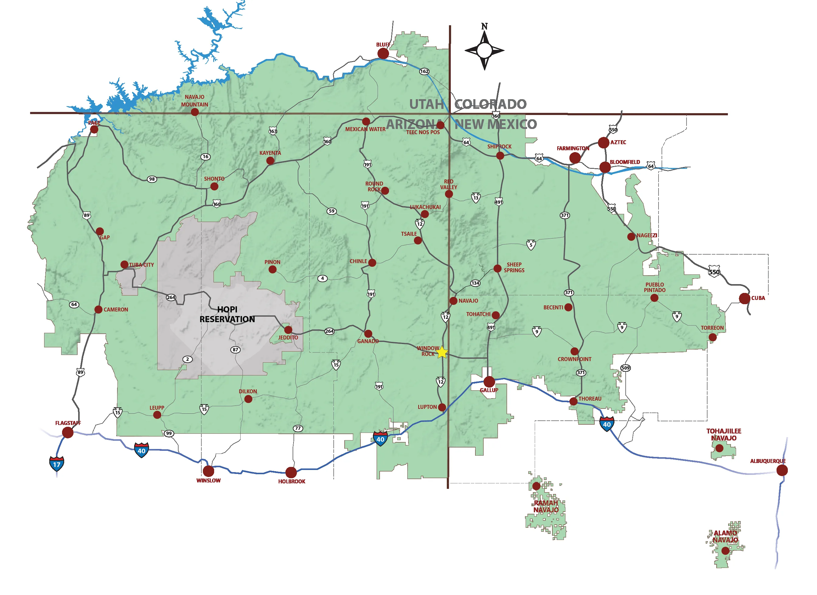 Map of the Navajo Nation showing towns, highways and state lines